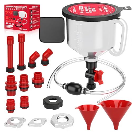 22-Piece No-Spill Coolant Filling Funnel Kit and Siphon Hose Pump, Radiator Coolant Filling Spill-Proof Funnel Kit with Adapters, Extensions, PVC Hose, Engine Oil Funnels, Towel for Universal Vehicle