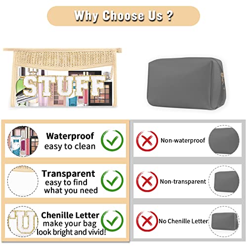 Boho Clear Makeup Letter Patch Makeup Bag Stuff Pouch, Clear Toiletry Bags Travel Small Cute Stadium Chenille Letter Cosmetic Zipper Pouch Purse, Waterproof Glitter Makeup Organizer For Women(Stuff) #TOP7