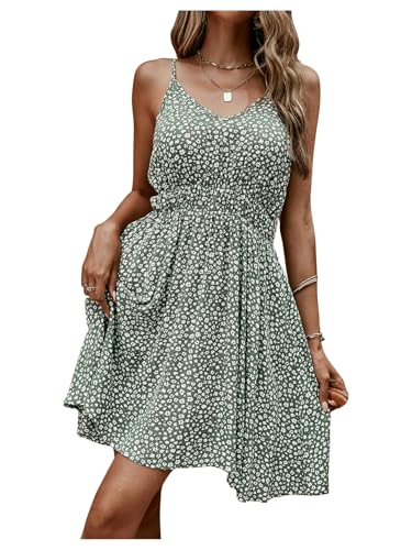 Image of SweatyRocks Women's Boho Floral Print Spaghetti Strap Cami Dress Casual Flare Short Dresses Green XS