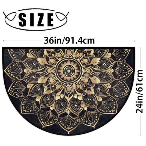 Image of Half Round Doormat Mandala Ethnic Florals Non Slip Half Circle Area Rugs Indoor Washable Half Moon Rug Semi Circle Bathroom Runner Mat Entrance Floor Carpet for Kithen Bedroom Fireplace Decor