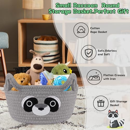 Image of Small Storage Basket for Nursery,Raccoon Storage Basket Round Woven Rope | Cotton Storage, Baby Blanket 0rganizer with Ears Handles, Animal Blanket Towel Decor Storage Bins, 8.2 inchD x 4.7 inchH in