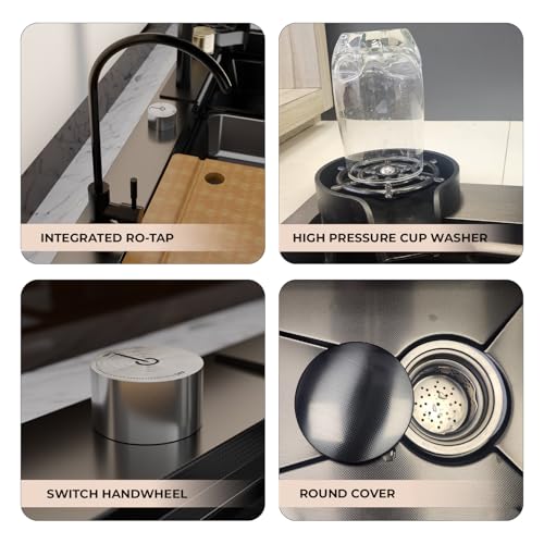 Image of Kitchen Sink | 30x18x9 Inch Waterfall Sink for Kitchen | 304 Grade Stainless Steel Basin with Honeycomb Black Finish Design Waterfall Integrated Pull Down Faucet