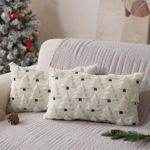 Image of Allorry Christmas Pillow Covers 12x20 inch Set of 2 Christmas Decorations Soft Plush Faux Fur Wool Cream White Christmas Tree Throw Pillow Cases Winter Holiday Decor for Sofa Living Room PT-002D12