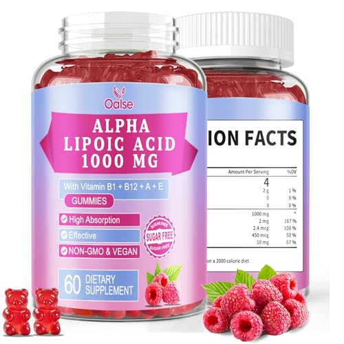 OALSE Alpha Lipoic Acid Gummies 1000Mg with Vitamin B1 B12 A E - High Absorption Sugar Free Chewable ALA Supplement for Energy Support Raspberry Flavor 60 Gummies