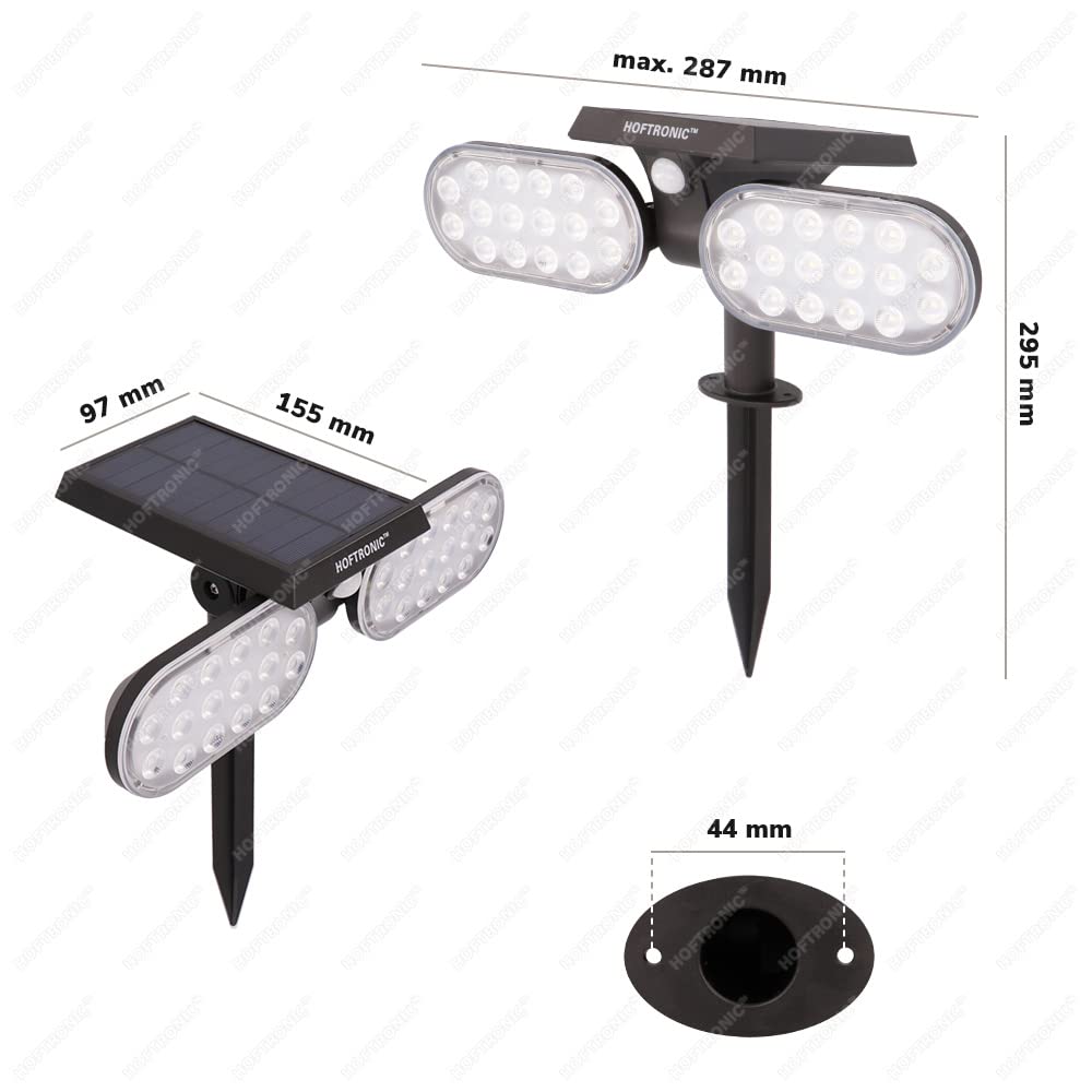 HOFTRONIC - 2er Set Pato Solar LED Strahler mit Bewegungsmelder Außen 6000K Gartenleuchte Spieß oder Wand Installation 250x90x120mm (LxBxH) Ideal als Pflanzenstecker Solar