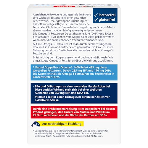 Doppelherz Omega-3 1400 - Hochdosiertes Omega-3-Konzentrat plus Vitamin E - Hoher Gehalt an Omega-3-Fettsäuren EPA & DHA - 30 Kapseln