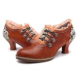 Seitlicher Reißverschluss CrazycatZ Damen Schuhe mit Absatz Weinlese Spitze Blumen Patchwork Knöchel Lederstiefel (39 EU, Brown)