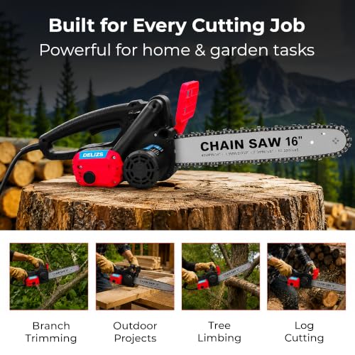 Image of Electric 16 inch Inch Corded Chainsaw With 2800 W High Power Motor With Low-Kickback System I 6800 RPM I Tree Cutter Tool | Wood Cutting Machine Home | Wood Cutter Tool Machine