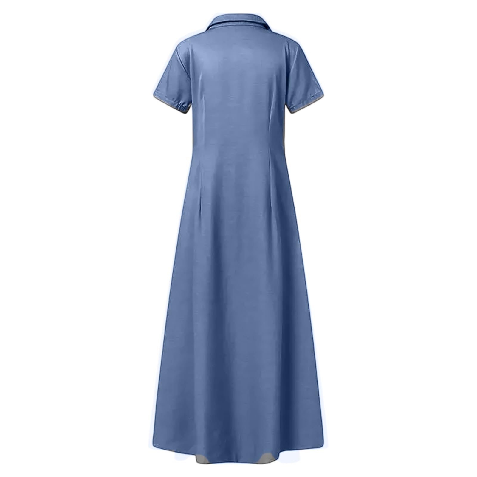 Jeanskleid Damen Lang Kurzarm Hemdkleid Mit Knopfleiste Sommerkleid A Linie Kleider Maxi Jeans Kleid Sommer Blusenkleid Elegant V Ausschnitt Maxikleid Denim Sommerkleider Frauen Leicht Luftig