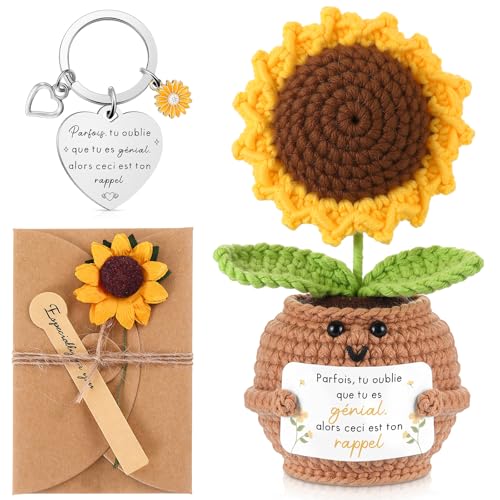 Otuuz Merci Cadeaux Collègue de Travail Petite Poupée Positive Tournesol au Crochet Porte Clés et Carte de Vœux avec Fleurs Séchées Cadeau Départ pour Maitresse Employés Retraite(Tu es génial)