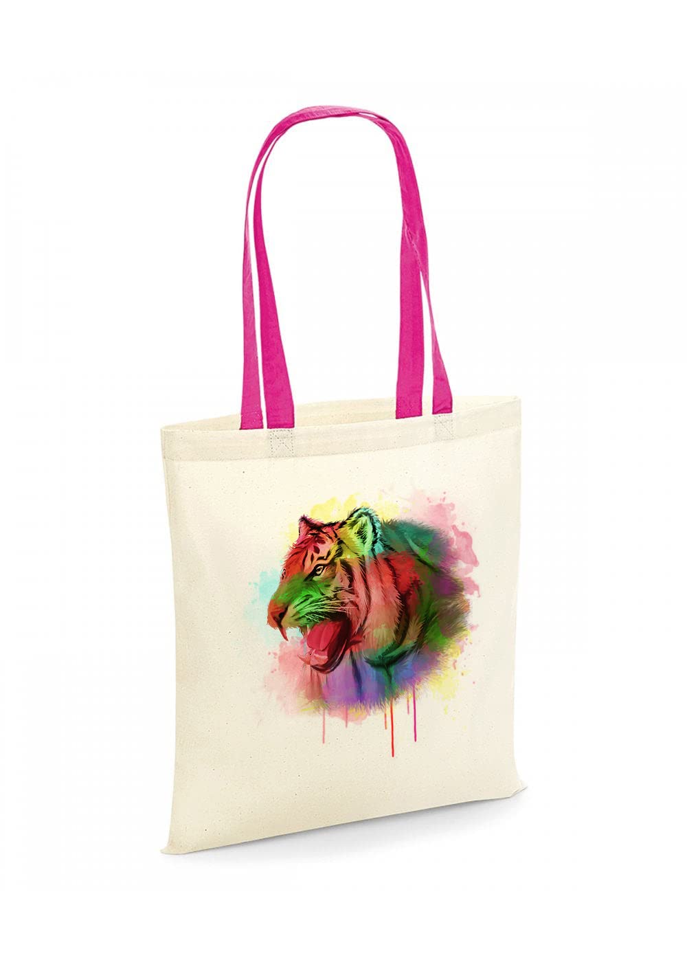 Getagift Tiger Design Water Colour Painting Rainbow Art Birthday, Christmas, Secret Santa Reusable Bag, Shopping Bag, Tote Bag. (Fuchsia Handle)