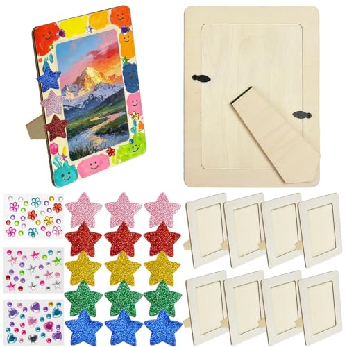ASOUUNLD 8 Pièces Bricolage Cadres Photos pour Enfant, 19x14 cm Kits de Cadres Photo en Bois Cadre Photo a Decorer Activité Enfant avec Pierres Scintillantes...