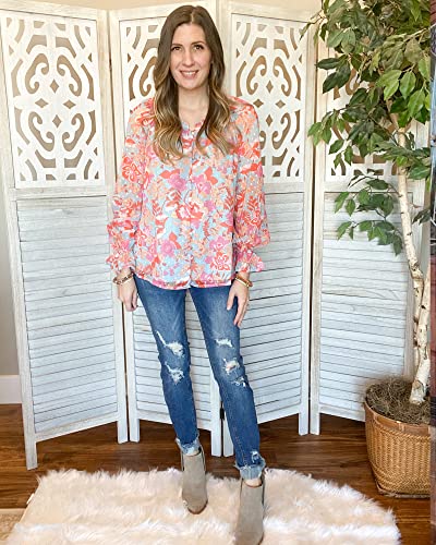 Luvamia Blouses For Women Dressy Casual Button Down Blouse Floral Peasant Tops Lantern Ruffle Long Sleeve Shirts Womens Flowy Tops Floral Blouse Sky Blue And Hot Pink Floral Size Xlarge #TOP6