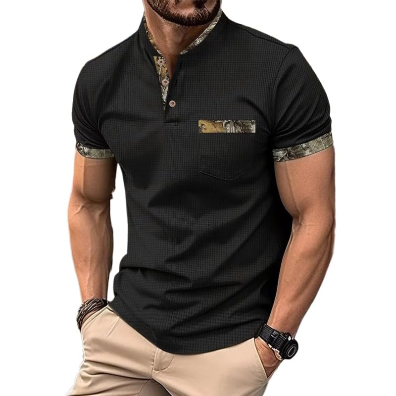 Men's casual short sleeved polo shirt street retro chest pocket stand up collar button splicing fashionable T-shirt