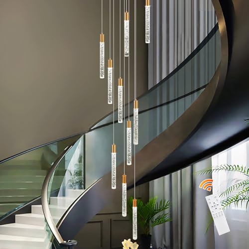 GEADI Modern LED High Ceiling Chandelier with Remote Control,10 Lights Crystal Foyer Chandeliers for High Ceilings,Gold Dimmable Long Pendant Light for Staircase Entryway Living Room