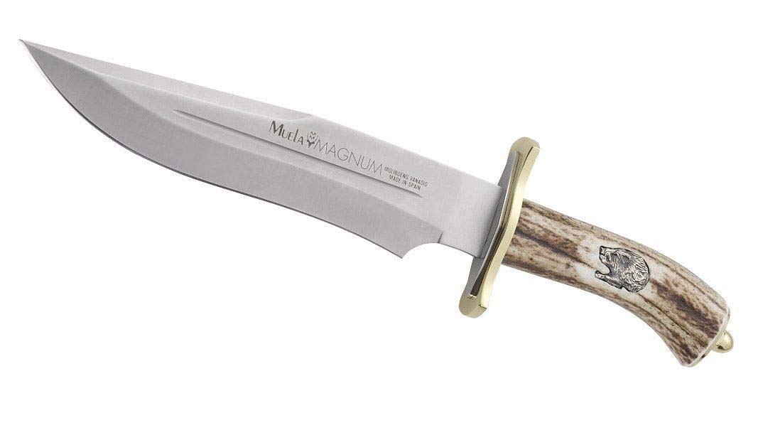 Muela Cuchillo MAGNUM-23 hoja de acero ACX-380 de 23 cm y empuñadura de asta de ciervo para Caza, Pesca, Supervivencia y Bushcraft Realizado en Ciudad Real + Portabotellas de regalo