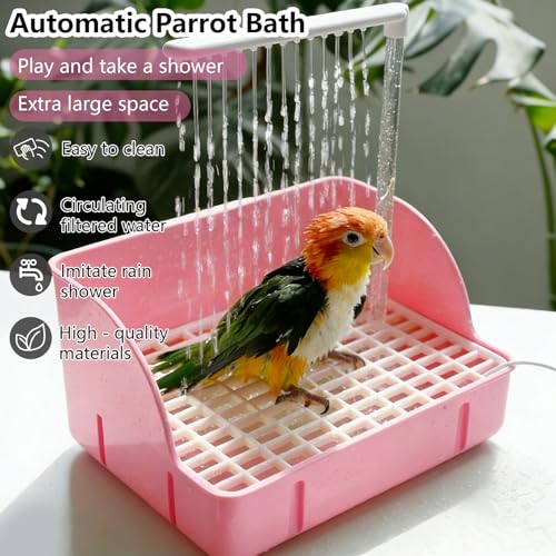 Image of kathson Parrot Bathtub, Automatic Bird Bath Indoor,Parakeet Shower Fountain,Parrot Bath Tub for Pet Birds, Cockatiel, Conure, Budgie, Lovebird, African Grey, Finches (Pink)