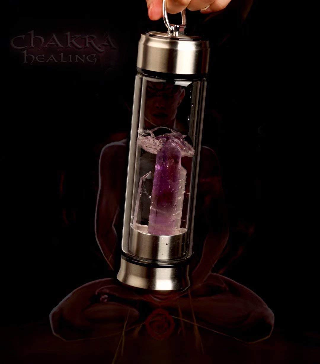 Natural Cristal Botella de Agua,Botella de Cristal con Gemas de Cristal,Vidrio Doble con decoración de Gemas de Cubierta de Acero Inoxidable,Botella de Agua inversa de Viaje de Yoga Regalo