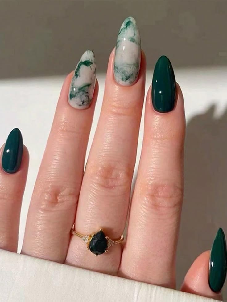 FWS Artificial Press On Nails Art Set, Reusable Stick On Nails Glossy Dark Green Marble Shape Stiletto (Set Of 20) With Nail Glue, Nail file, cuticle pusher, cleaning wipe-image-43