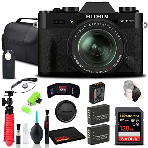FUJIFILM X-T30 II Mirrorless Camera with 18-55mm Lens (Black) (16759677) with 128GB Extreme Pro SD Card + Soft Case + 2X Compatible Battery + Extra Charger + Tripod + Filter Kit + Remote