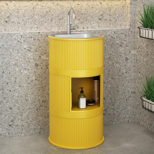 Lavabo de columna moderno de hierro forjado independiente con contenedor amarillo 2