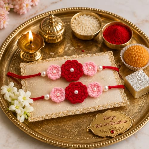Image of Handmade Crochet Flower Rakhi Set of 2 | Cotton Thread Floral Desigen with Pearl | Eco-Friendly Designer Raksha Bandhan Rakhi for Brother