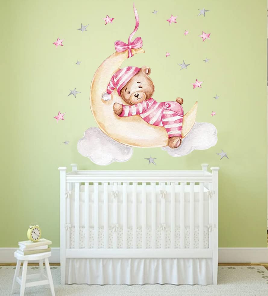 Peel & Stick Baby Bear Sleeping Wall Decals - Cute Nursery Decor With Pink Heart For Girls Room - View #11