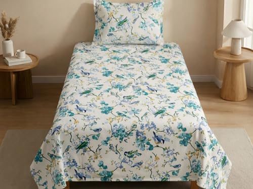 Image of Linen & Loom The Natural Collection - 100% Pure Cotton Single Bedsheet (60 x 90 Inches) with 1 Pillow Cover | 240 TC - Soft & Breathable Cotton Bed Sheet for Bedroom (Azure Song)
