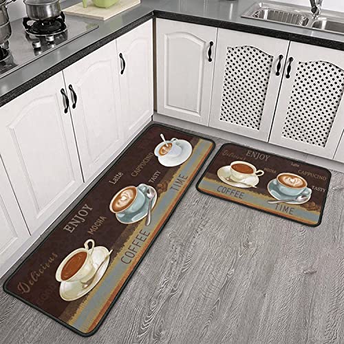 Coffee Kitchen Rug Set 2 Pieces, Farmhouse Kitchen Sink Rugs And Mats Non Skid Washable Absorbent Microfiber Rustic Kitchen Floor Decor Carpet 17" X 47"+17" X 30" Tapetes Para Cocina #TOP3