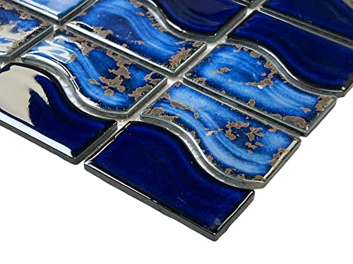 Tenedos Wave Sea Cobalt Blue With Calacatta Gold Porcelain Lineup Border Pool Wall Tile On 6X12 Mesh For Easy Installation thumb #2