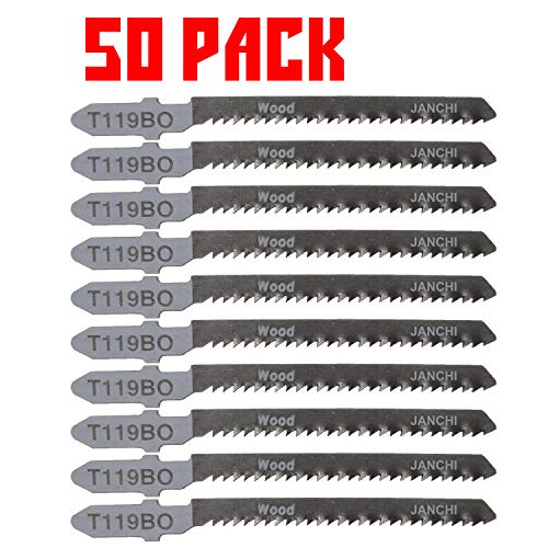 50Pack T119BO Jigsaw Blades Set, HCS 3-Inch 12TPI T-Shank Contractor Fine-cut Jig Saw