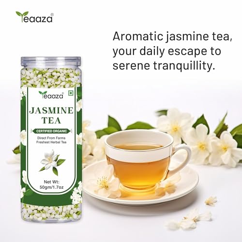 Image of Teaaza Jasmine Tea - 50gm - 50 Cups | Sun dried Jasmine Flowers For Stress Relief, Improved Heart Health & Weight Management | Caffeine Free - Herbal Tea - Flower Based | Jasmine Flower Tea