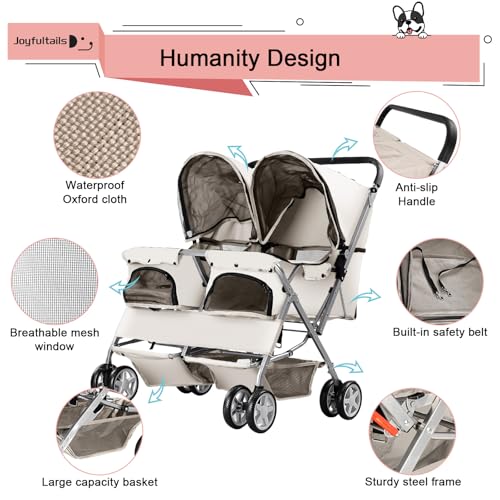 Joyfultails Hundewagen, Doppel-Haustier-Kinderwagen, faltbarer Kinderwagen für 2 Hunde und Katzen, Zweisitzer-Tragetasche, Twin Dog Walk Jogger, Reise-Haustierwagen mit Stauraum, Grau
