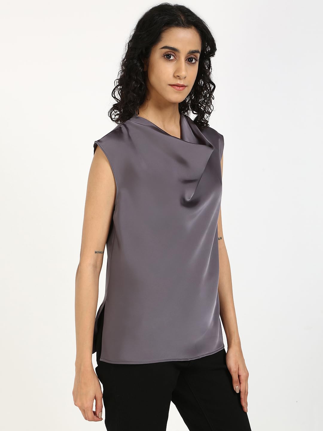 Calvin Klein Satynowa bluzka damska z dekoltem w łódkę z satynową bluzką, Szary, XS