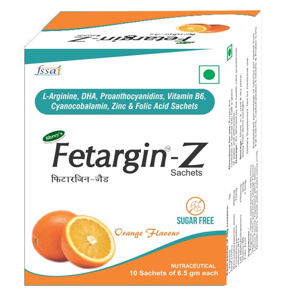 Shrey s Fetargin-Z L-Arginine, DHA, Proanthocyanidins, Vitamin B6, Zinc, Folic Acid & Vitamin B12 Powder Supports Energy, Pregnancy Wellness, Immunity & Heart Health Orange Flavour Sugar Free 10 Sachets