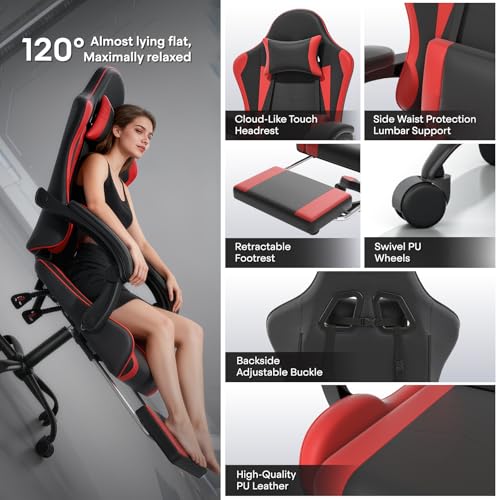 Image of Athena Collection Ergonomic Gaming Chair for Adults, Red | Height Adjustable Office Chair Computer Desk Chair with Footrest & Headrest Lumbar Support for Office & Home, 350lbs