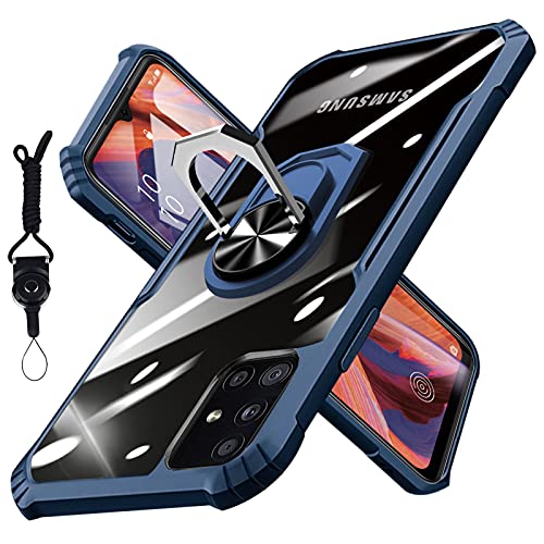 Galaxy A51 ケース リング付き 耐衝撃 TPU クリア 米軍MIL規格 ストラップホール付き 車載ホルダー対応 全面保護 Galaxy A51 ケース 衝撃吸収 薄型 軽量 スタンド機能 カメラ保護 携帯カバー 人気 ブルー RP61-DF-A51-QIN