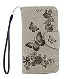 samsung galaxy s4 mini daten sichern display defekt  ISAKEN Kompatibel mit Galaxy S4 Mini Hülle, PU Leder Flip Cover Brieftasche Ledertasche Handyhülle Case Schutzhülle mit Handschlaufe Strap für Samsung Galaxy S4 Mini - Schmetterlinge Blumen Grau