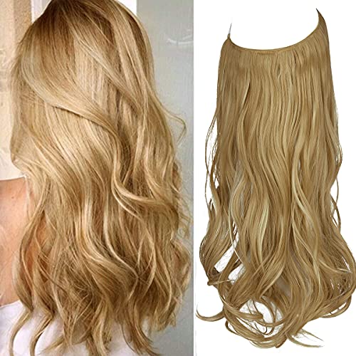OKHOTY Dirty Blonde Hair Extension Halo Wavy Curly Long Synthetic Hairpieces for Women 18 Inch 4.2 Oz Adjustable Size Headband Transparent Wire Heat Friendly Fiber No Clip