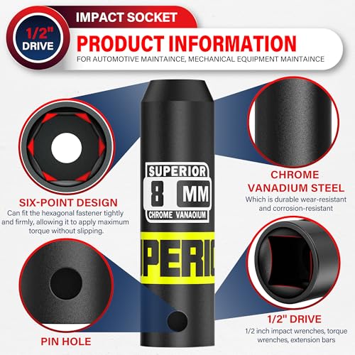 Image of 1 /2 inch Drive Impact Socket, 8 mm Deep Socket, Metric, 6 Point, CR-V, for Automotive Maintaince, Mechanical Equipment Maintaince