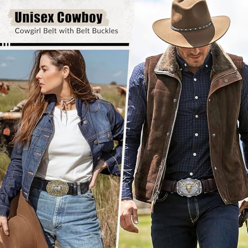 SANSTHS Western Belts for Men Women 2 Pack, Cowgirl Cowboy Belt Leather Straps with Buckle Set for Jeans, Black Brown 1.5"4