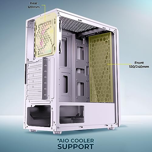 Image of ZEBRONICS Agon Mid-Tower Premium Gaming Cabinet - White, ATX /M-ATX /M-ITX, 1 x 120 mm RGB Inner Glow Rear Fan, LED Strip with Control Switch, Tempered Glass Side Panel, USB 3.0, USB 2.0 (White)