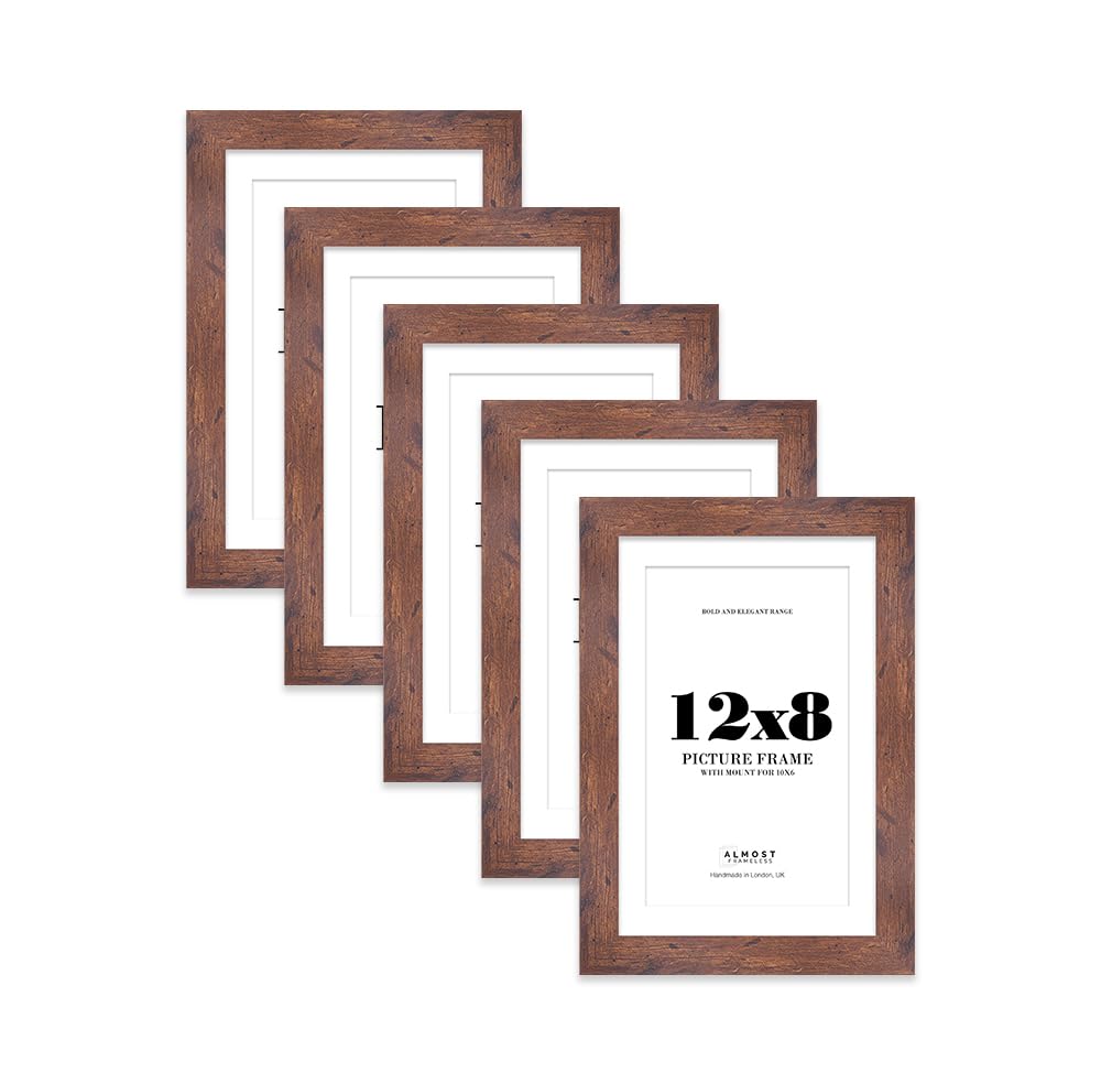 12x8 Rustic Wood Frame With Mount for 10x6 Pictures 28mm Edge Portrait and Landscape Display with Wall Hooks and Kickstand, 5 Pack