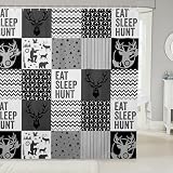 feelingyou Cortinas de ducha de retazos de ciervos,Cortina de baño tema de caza para dormir de comida,Aventura Blanco Gris Negro Rejilla Cortina de tela impermeable con gancho Decoración de baño,S