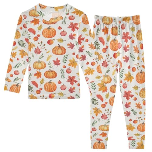 Fustylead Autumn Harvest Pumpkin Fall Leaves Fruit Cotton Pajama Sets 2 Piece PJ Top and Bottom Nightwear Set