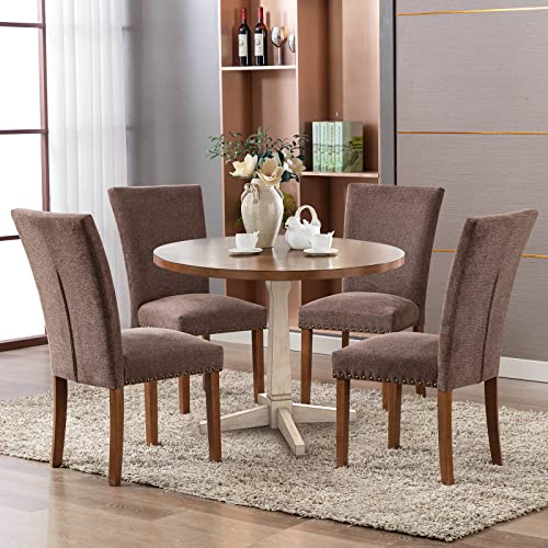Upholstered Fabric Dining Chairs Set Of 2, Parsons Dining Room Kitchen Side Chair With Nailhead Trim And Wood Legs - Brown #TOP3