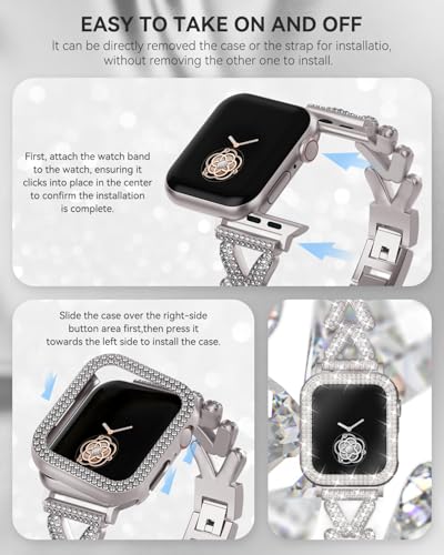 Image of Rhinestones Encrusted Metal Bracelet and Case, Compatible with Apple Watch Bands 38mm-49mm (Series 11 /1 /SE /Ultra 2)- Bling Gold Women's Jewelry Strap, Luxury iWatch Bracelet with Screen Protector