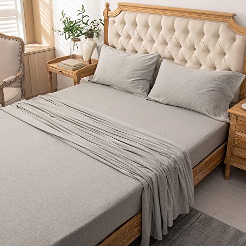 PURE ERA Jersey Knit 4pc Bed Sheet Set 100% T-Shirt Heather Cotton Super Soft Comfy Breathable Fits Mattress Up to 20" Extra Deep Pocket (Heather Light Grey, Cal King)