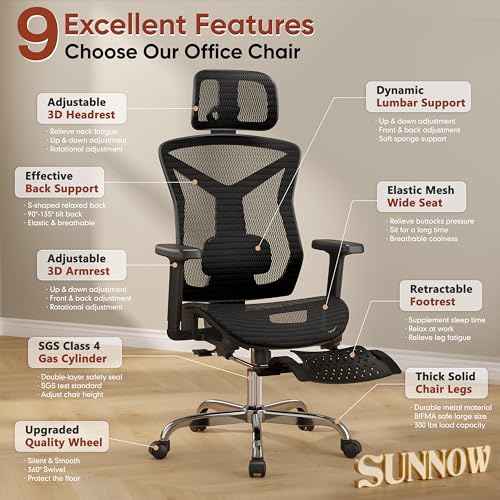 Image of Ergonomic Office Chair with Footrest, Desk Chair Comfy with 3D Adjustable Lumbar Support & Arm & Headrest, 4 Gear 90-135 Tilt, Wide Air Mesh Seat, Heavy Duty Class-4 Gas Lift, Computer Gaming Chair