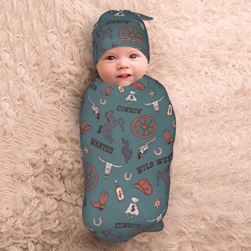 Image of Retro Western Swaddling Blanket for Baby, Unisex Baby Stuff with Hat